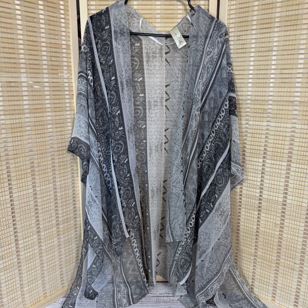 Simply Noelle Shawl Women's One Size Black Gray Pattern Open Front Sheer CoverUp